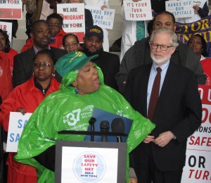 Local 299 President Jackie Rowe-Adams speaks about the need for greater funding of safety-net hospitals. Photo: Diane Williams.