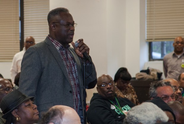 DC 37 Political Action Committee Chair and Local 1359 President Dennis Ifill announces the recommendation support Hillary Rodham Clinton for President to DC 37 delegates at a meeting on March 29.